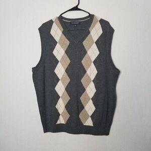 Roundtree & Yorke Gray Tan Argyle Cotton V Neck Sweater Vest Men's Size Large